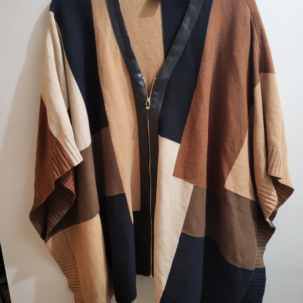 Plus size leather trim poncho/cape